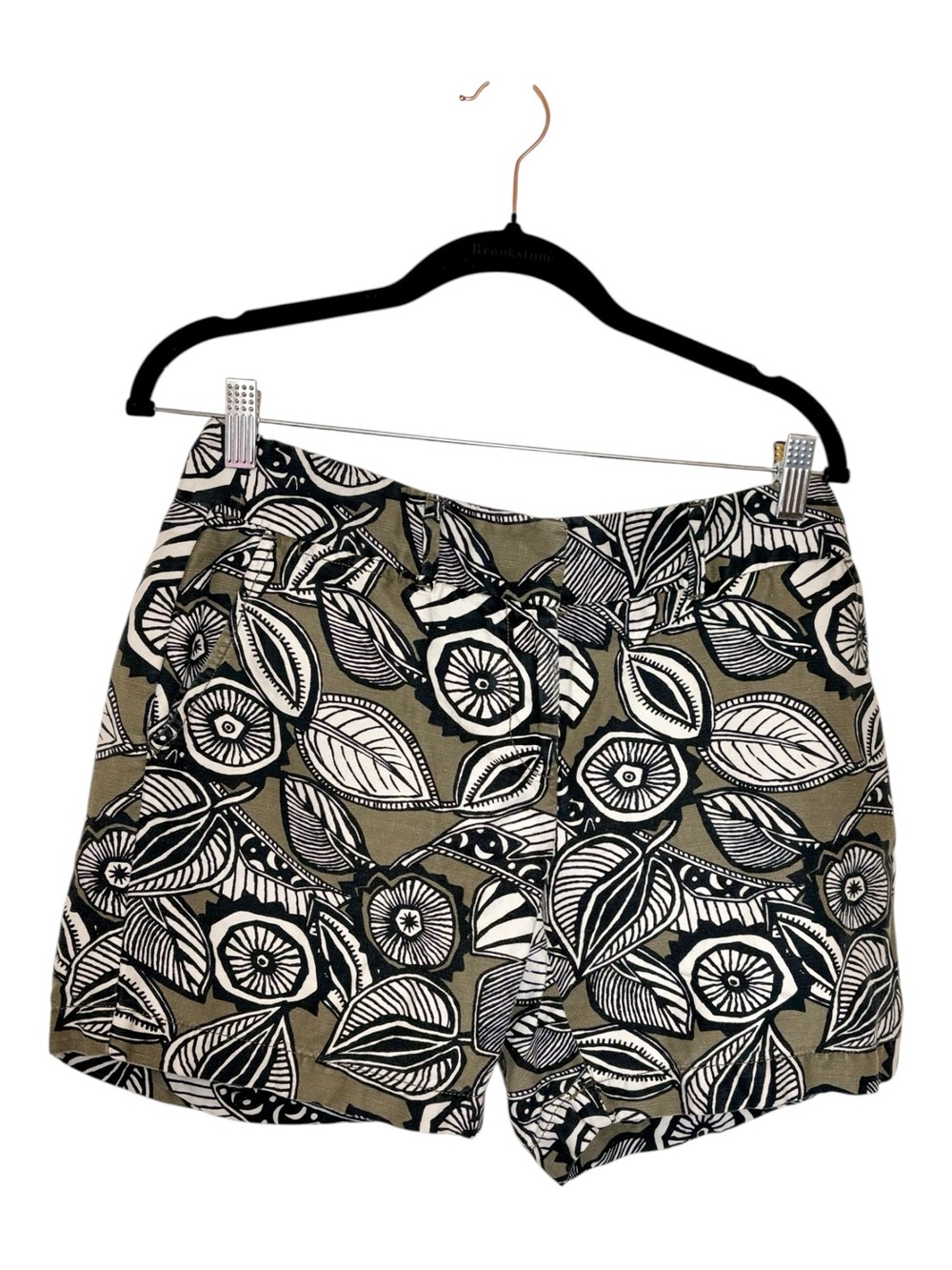 Ann Taylor LOFT Olive Green Black Tropical Floral Linen Blend Shorts Boho Size 2